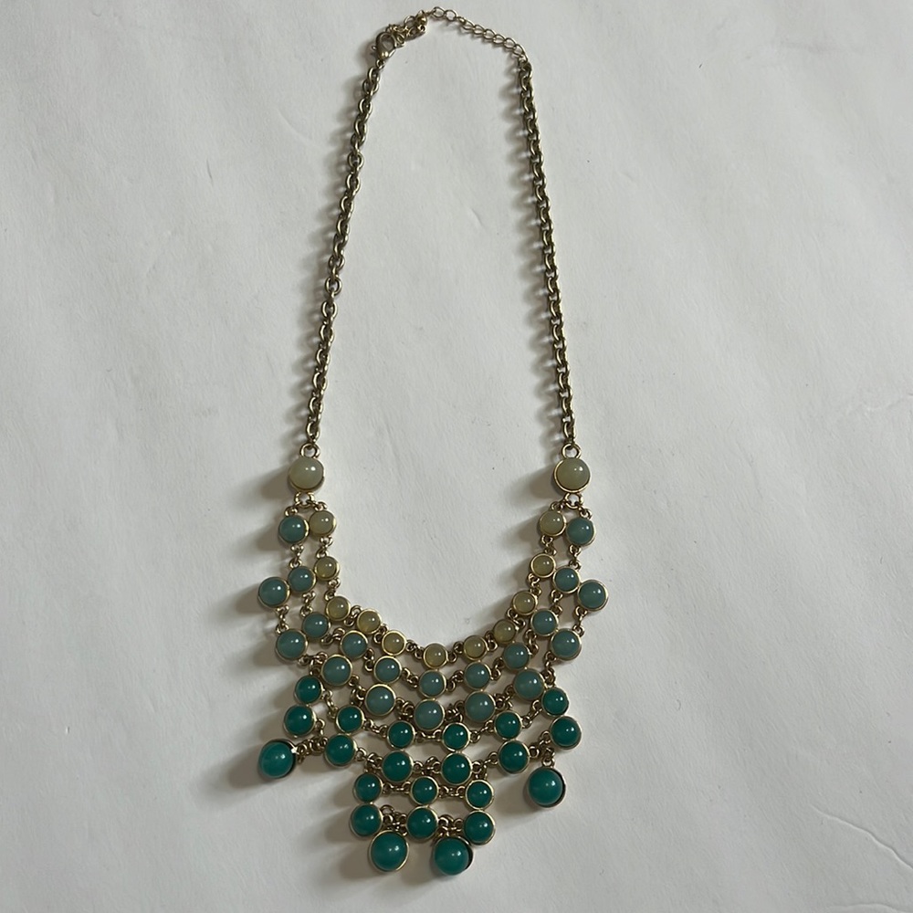 Gold Tone with Blue-Green Aqua Ombré Effect Multicolor Toered Statement Necklace